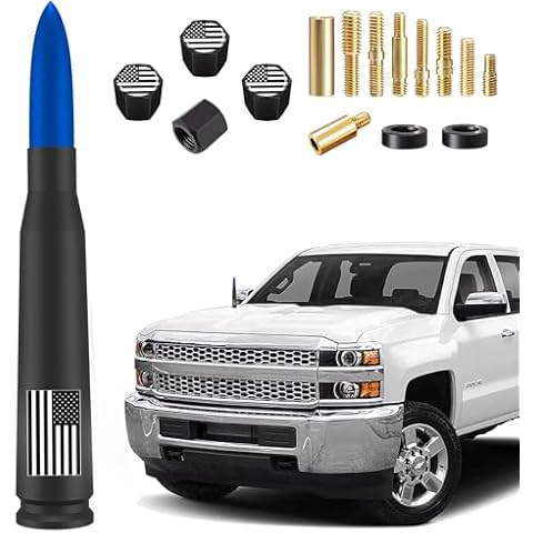 Car Truck Bullet Antenna with Valve Stem Caps,Mast for GM Chevy Silverado 1500 2500 3500 HD Avalanche Ford F150 F250 F350 Denali Heavy Duty Pickup Trucks Accessories (Blue)-Anti Theft Desgin Cover