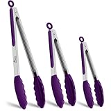 HOTEC Premium Stainless Steel Locking Kitchen Tongs with Silicon Tips, Set of 3-7', 9' and 12' (Purple)