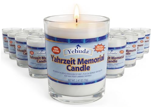 Yehuda Yahrzeit Memorial Candle Glass Tumbler (24 Pack) 24 Hour Candles - Burns 26 Hours | Yom Kippur Candles | Yizkor Rememberance Candle | Perfect for Blackouts Storms & Hurricanes
