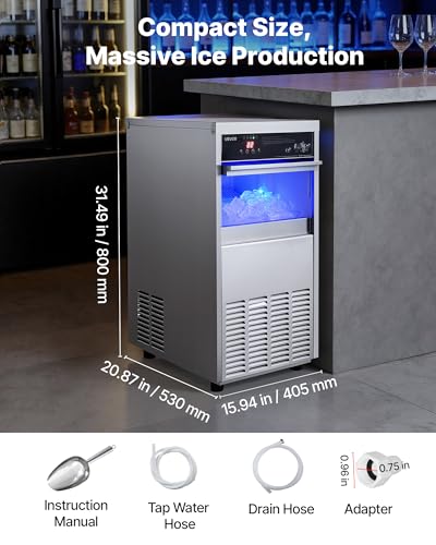 Image of VEVOR Commercial Ice Maker Machine, 100 lbs /24h with 30-35 lbs Storage, Bullet Ice,Built-in /Freestanding /Under Counter, Stainless Steel Ice Maker with LED Display for Home Bar Restaurant