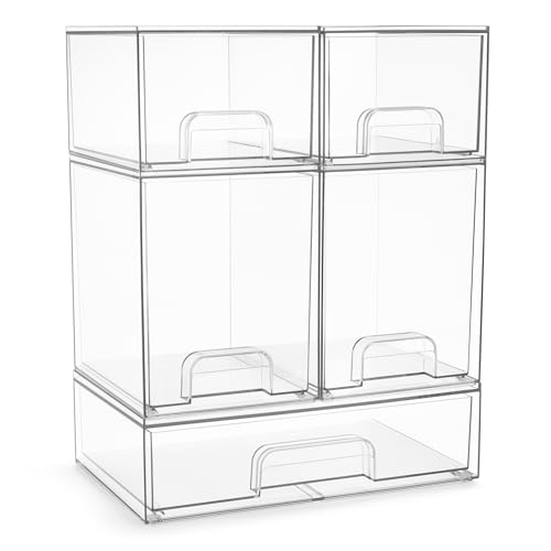 Image of Sorbus Acrylic Storage Containers - 5 Pack, Stackable Storage Bins Set for Bathroom Organization - Clear Acrylic Drawer Organizers - Makeup Case Pull-Out Drawers (7.6’’ and 4.4’’ Tall and 12.1’’ Wide)