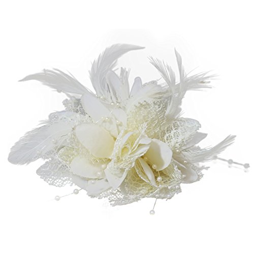 Flower Feather Bead Corsage Hair Clips Fascinator Hairband and Pin (Cream Ivory)