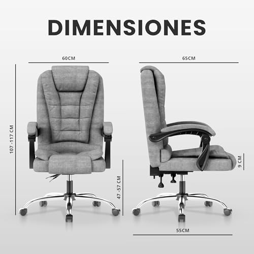 JUPPLIES Silla de Oficina Reclinable con Cojín Lumbar Masajeador – Sillón con Altura Ajustable y Ruedas Silenciosas, Respaldo Alto de PU Acolchado para Escritorio, Estudio o Trabajo (Gris) - imagen 2
