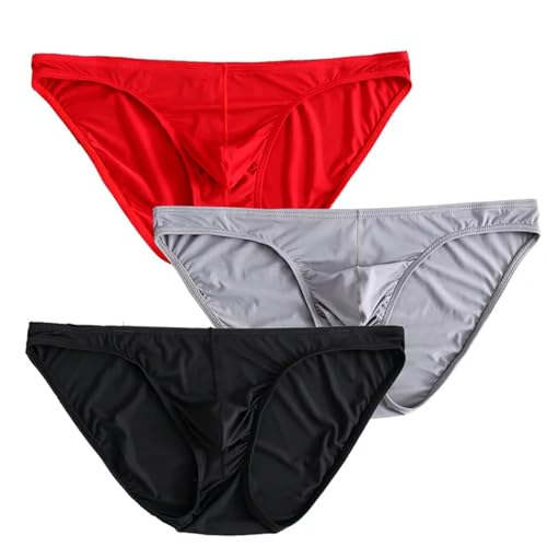 KWTF 3 pièces Hommes sous-vêtements Slips en Nylon pour Hommes Renflement avec Pochette Hombre Glisse Soie Rouge garçons Pack lot Respirant et Sexy Culotte Masculine