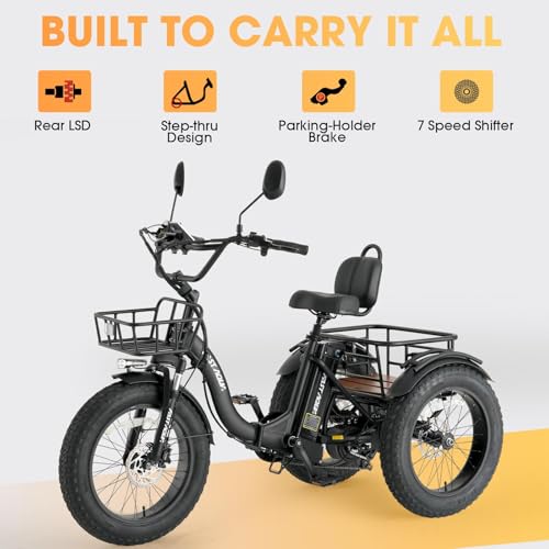 Skeri Electric Tricycle for Adults, 750W(Peak 1350W) Motor Etrike, 20″x4″ Folding Fat Tire Electric Trike, 48V13Ah Battery, 3-Wheel Electric Bike, 20MPH, Front & Rear Basket & Differential