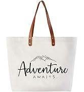 CARAKNOTS Tote Bag for Women - Adventure Awaits, Ivory, Canvas, 20.5x14.8x5.5 Inch, Spacious, Reu...