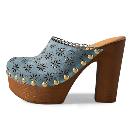 FOWT Women Studded Closed Round Toe Floral Cut Out Backless Platform Mules Chunky Super High Heel Slip on Stylish Dress Club Slide Sandals Size 4-16 US