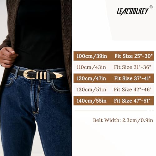 LEACOOLKEY Women's Leather Belt for Jeans Dress Pants Fashion Ladies Leather Belt with Gold Buckle — view 6