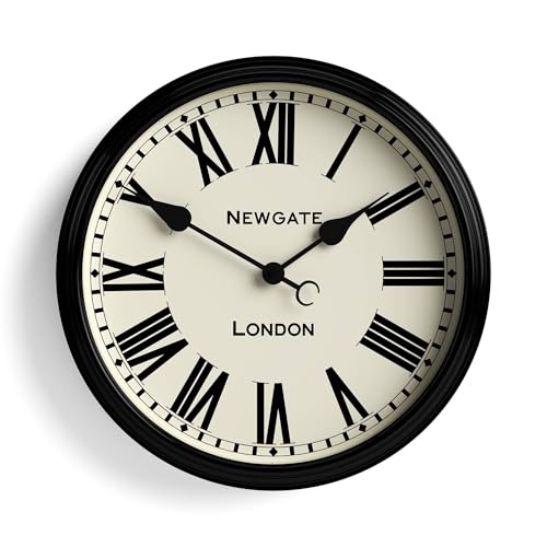 NEWGATE® Spitalfields wall clock | Large classic metal clock | 40cm | Gloss black | Roman numerals | Traditional design ideal for kitchen or living room