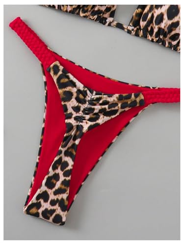 Floerns Women's 2 Piece Cheetah Print Bikini Set Halter String High Waist Thong Bathing Suits4