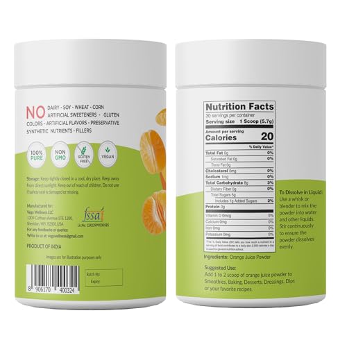 Vegs Orange Fruit Juice Powder - Freeze Dried & 100% Natural Orange Juice Concentrate - Flavoring Powder for Drinks, Smoothies & Baking - Sugar-Free, No Preservatives, Non-Gmo - 6 oz