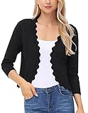 Womens Shrug for Summer Dresses Scalloped 3/4 Sleeve Cropped Sweaters Cardigans for Dress(Black,M)