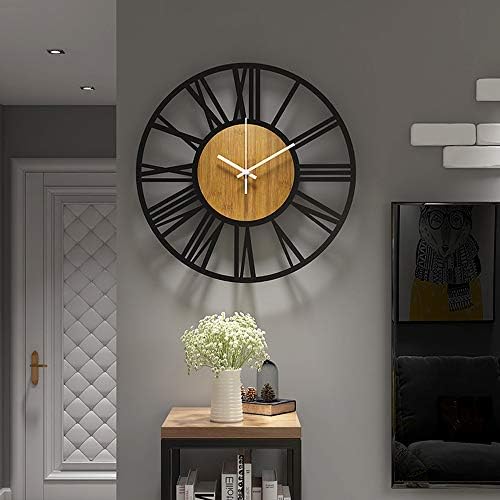 HAITANG 40cm Round Wood Wall Clock Black for Living Room Decor,Vintage Roman Numeral Nearly Silent Non-ticking Hanging Clocks for Home Garden Office Cafe Decoration