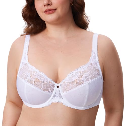 DELIMIRA Women's Plus Size Full Coverage Underwire Unlined Minimizer Lace Bra White 38B