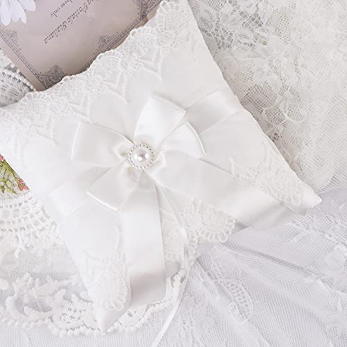 STAFUNI Wedding Ring Pillow Cushion Lace Pearl Design Ivory Ring Bearer Pillows for Wedding Party
