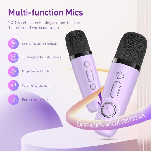 Karaoke Machine for Kids Adults: Mini Karaoke Machine with 2 Wireless Mics and Light for Family Home Party - Portable Karaoke Speaker Toy Gift for Girls Boys Ages 4-12+ Years Old Birthday Christmas - Thumbnail 5