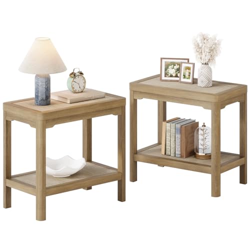 Eclatara Night Stand Set of 2, Farmhouse End Table with 2 Tier Boho Rattan Shelves, Side Tables with Round Edge Design, Ultra-Thick Legs Bedside Nightstand for Bedroom, Caramel Oak