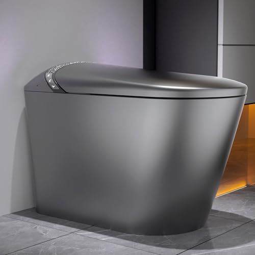 Inodoro inteligente con bidé, asiento de apertura/cierre automático y sensor de pie, descarga de 1.28 GPF, asiento calefactable, secador de aire cálido, luz nocturna, para baño moderno, gris mate miniatura 1