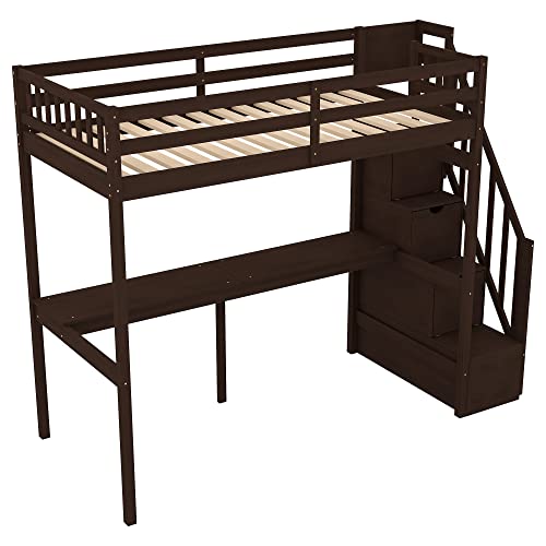 Twin Size Loft Bed With Stairs And Desk, Wood Twin Loft Bed With Storage Staircase , Kids High Loft Bed Twin For Girls, Boys, Bedroom, Dorm, No Box Spring Needed (Loft Bed Twin Size, Espresso) #TOP4