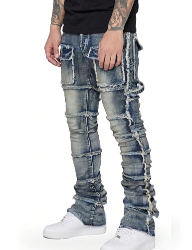 Men's Ripped Slim Moto Biker Cargo Jeans Distressed Stretch Stacked Tapered Leg Pants Washed Hip Hop Trousers3