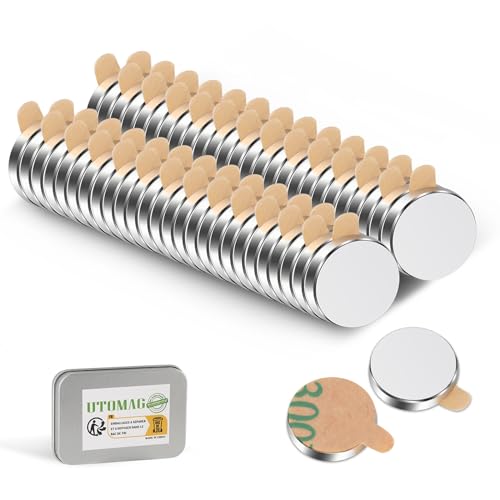 UTOMAG 52 Pezzi Magneti Autoadesivi al Neodimio 10x2mm, Forti Calamita Adesive Rotonde, Utilizzabili in Coppia, per Frigorifero, Artigianato, Foto, Decorazioni, Scuola, Cucina e Ufficio