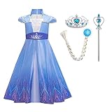 ✿【Diseño elegante】Manga larga con puños puntiagudos, correas elásticas sin hombros o diseño de cuello semitransparente, añade la sensación de princesa, hace que sea adorable y encantadora. Hermoso estampado de cristales de hielo en el dobladillo, consta de 2 capas: 1 capa de satén con estampado y 1 capa de forro de algodón suave, hace que el aspecto de plenitud y rico sentido de jerararquía. Diseñado con cierre de cremallera oculto en la parte posterior para un fácil uso, este vestido de princesa será el mejor regalo de cumpleaños para tu niña