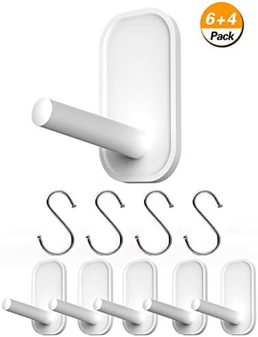 Wall Hooks, Adhesive Hooks for Hanging, Heavy Duty Hanging Hooks for Coat Towel Robe Backpack, Sticky Hooks Hold 7 lbs, Wall Hanger for Smooth Wall, Water-Resistant 6 Utility Hooks, 4 S Hooks