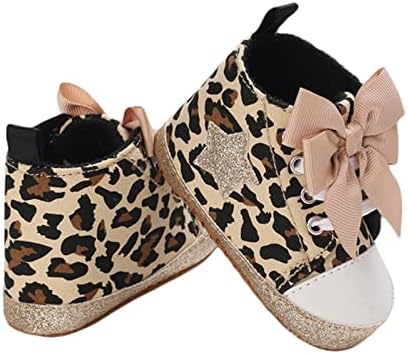 Girls High-top Toddler Leopard Print Star Bow Cute Sneakers Baby Sneakers and Socks Newborn Gift (Brown, 9-12 Months)