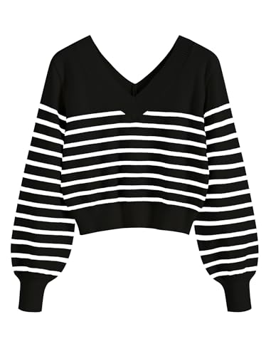 Image of ZAFUL Women's Cropped Sweater V-Neck Long Sleeve Pullover Jumper Knit Top | Crop Length, Ribbed Knit, Double V design, White sweater, Raglan sleeves, lantern sleeve, Fall & Winter, Loose fit, Oversized