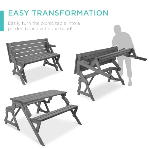 Image of Best Choice Products 2-in-1 Transforming Interchangeable Outdoor Wooden Picnic Table Garden Bench for Backyard, Porch, Patio, Deck w /Umbrella Hole - Gray