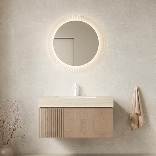Nobisilsan 36" Floating Bathroom Vanity Combo with Beige Sintered Stone Top & Ceramic Basin, Light Brown Woodgrain Storage Cabinet with Soft-Close Drawer & Door, Pre-Assembled