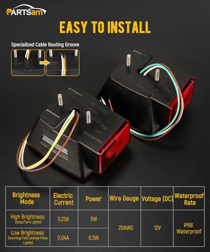 Image of Partsam 12V Submersible Square Led Trailer Lights, Red White LED Stop Turn Tail License Side Marker Running Light Lamp for Trailers Under 80 inch Boat Trailer Truck, IP68, Red Clear Lens
