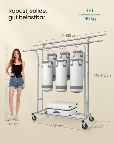 SONGMICS Schwerlast Kleiderständer aus Metall, bis 110 kg belastbar, Garderobenständer auf Rädern, Länge 129-169 cm, Verchromt HSR12S