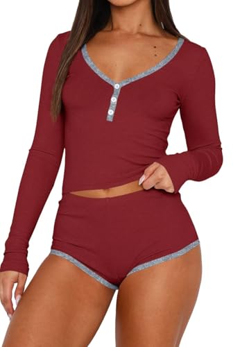 LACOZY Womens Long Sleeve Pajama Sets Sexy V Neck 2 Piece PJ Shorts Y2k Lounge Sleepwear Workout Sets Red S