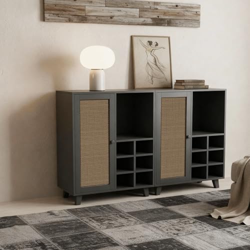 Casaphoria Rattan Buffet Cabinet with Storage, Sideboard Cabinet with Door and Adjustable Shelves, Farmhouse Coffee Bar Station Table for Kitchen, Livingroom and Dining Room, Black by Casaphoria - Image 6
