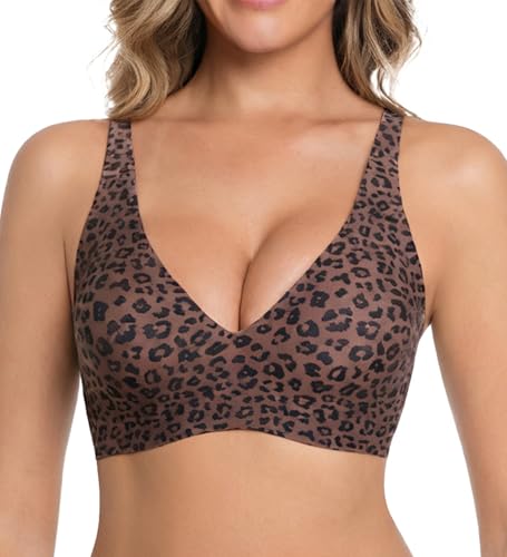 Jelly Wireless Bra for Women Deep V Push Up Seamless Bras Comfortable Plunge No Underwire Bra with Adjustable Straps Everyday Bras Leopard Coffee