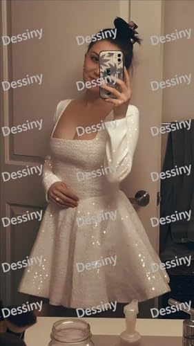 Dessiny Square Neck Sequin Short Homecoming Dresses 2025 with Long Sleeve Mermaid Cocktail Evening Pary Dress with Bow DE3804
