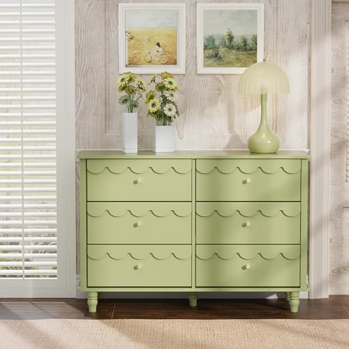 Image of Anbuy Nursery Chests and Dresser for Kids Bedroom Scalloped Wood 6 Drawer Dresser, Chests of Drawers with Metal Handles for Bedroom, Nursery, Hallway(Green)