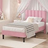 VECELO Twin Size Bed Frame with Upholstered Headboard, Velvet Platform Bedframe Mattress Foundation, Strong Wood Slat Support, No Box Spring Needed,Pink