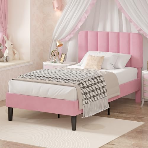 Image of VECELO Twin Size Bed Frame with Upholstered Headboard, Velvet Platform Bedframe Mattress Foundation, Strong Wood Slat Support, No Box Spring Needed,Pink