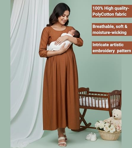 Image of DUMMY SHAPE Maternity Gown for Women | Floral Anarkali Flare Kurta with Dual Nursing Zippers | Pregnancy & Breastfeeding | Feeding Kurtis | Baby Shower | Mom to Be Gifts for Pregnant Woman Rust Brown