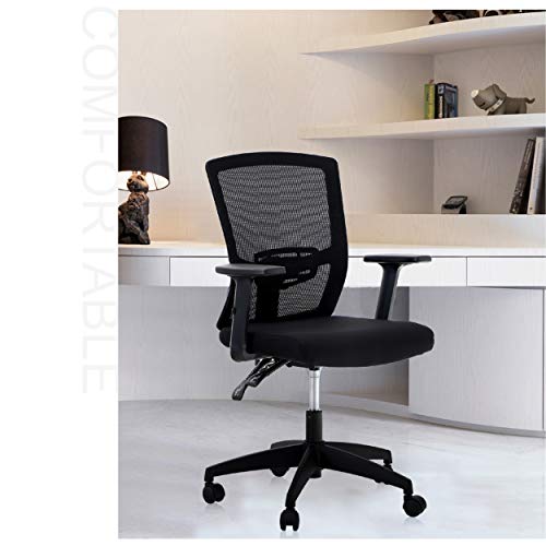 Office Chair Ergonomic Home Desk Chair Mid Back Mesh Computer Chair With Lumbar Support Executive Stool With Adjustable Armrest & Seat Cushion Rolling Swivel Desk Chair (Adjustable Armrest, Black) #TOP6