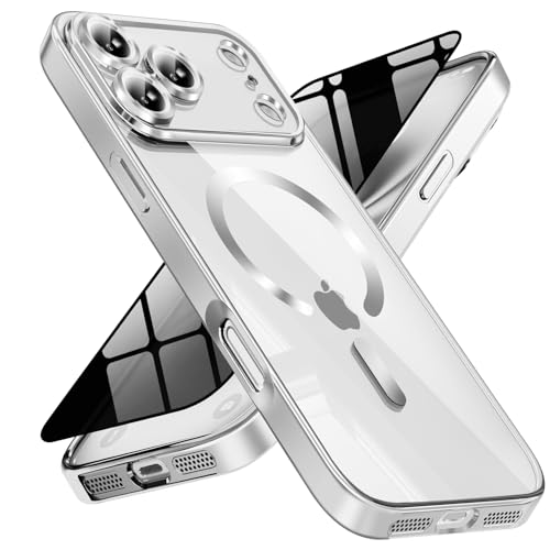 Image of Magnetic for iPhone 17 Pro Case with Privacy Screen Protector & Full Camera Cover,[Non-Yellowing] Shockproof Clear Phone Case Compatible with MagSafe Women Girls for iPhone 17 Pro,Silver
