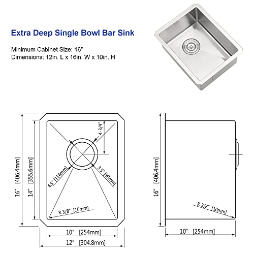 12 Inch Stainless Steel Bar Sink Undermount, Hovheir 12X16 Inch Undermount Bar Sink Small Wet Bar Prep Rv Sink Bar & Prep Sinks 16 Gauge R10 Corner Single Bowl Kitchen & Bar Sinks With Bottom Grid #TOP4