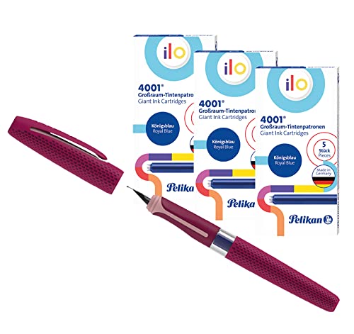 Pelikan Füller ilo Rot, Linkshänder & Rechtshänder, M-Feder | inkl. 15 Großraumpatronen