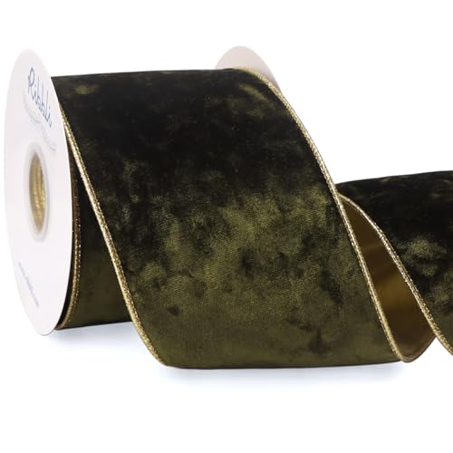 Image of Ribbli Olive Green Velvet Wired Ribbon 4 Inch Metallic Green Gold Crushed Velvet Christmas Ribbon for Gift Wrapping Christmas Tree Decoration Crafts Wreaths Supplies-Continuous 10 Yards