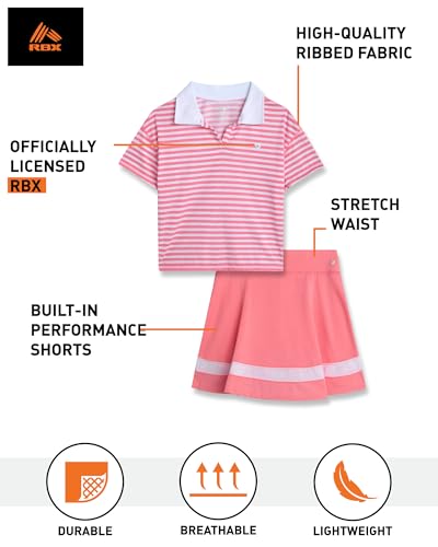 Image of RBX Girls Skirt Set - 2 Piece Lightweight Ribbed Polo Shirt and Stretch Performance High Waist Athletic Skorts for Girls
