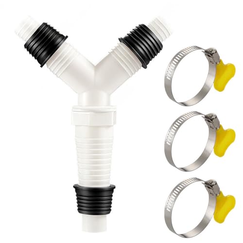 JUGUTA Doble Conexión Para Empalme Desague Lavadora Y Lavavajillas Con Entrada 20-32 Mm Y Salida 36 Mm Con Juego 3 Pcs De Abrazaderas Conector Doble En Y Para Manguera Desague Fregadero