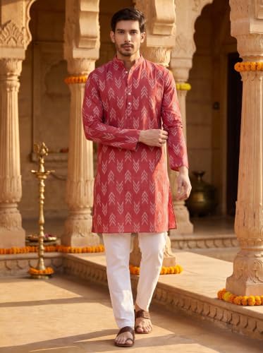 Image of Studio Shringaar Men's Cotton Blend Relaxed Fit Ikat Printed Knee Length Kurta