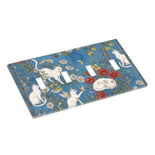 Placa de interruptor de 4 bandas con diseño de gato blanco y margaritas sobre fondo azul 4